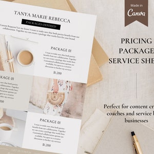 Guia de preços, folha de serviços, modelo Canva de folha de preços, guia de preços, modelo de negócios baseado em serviços, tabela de preços do influenciador,
