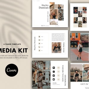 May include: A six-page media kit template for social media influencers. The template features a white background with black text and images of a woman in various locations. The text includes "Media Kit 2020", "About Haley", "Social Media Numbers", and "Get in Touch".