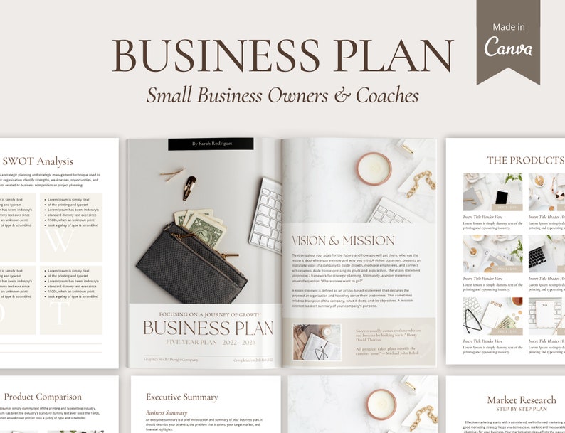 May include: A business plan template for small business owners and coaches. The template includes sections for SWOT analysis, product comparison, executive summary, vision and mission, the products, and market research. The template is designed to help businesses develop a five-year plan.