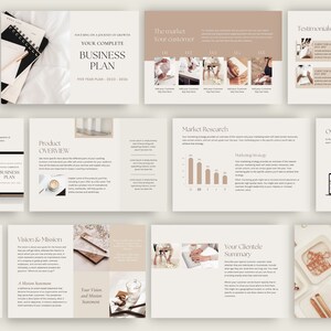 Puede incluir: Una plantilla de presentaci&oacute;n beige y marr&oacute;n para un plan de negocios. La plantilla incluye diapositivas para una descripci&oacute;n general del producto, visi&oacute;n y misi&oacute;n, investigaci&oacute;n de mercado, resumen de su clientela, estrategia de marketing y testimonios.