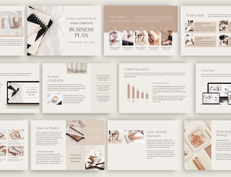 Puede incluir: Una plantilla de presentaci&oacute;n beige y marr&oacute;n para un plan de negocios. La plantilla incluye diapositivas para una descripci&oacute;n general del producto, visi&oacute;n y misi&oacute;n, investigaci&oacute;n de mercado, resumen de su clientela, estrategia de marketing y testimonios.