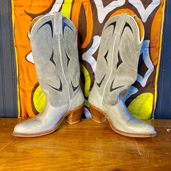 Double H vintage cowboy boots, made in USA size 6B blue grey leather stacked heel, nice contrast details, rough out tops ,nice condition.