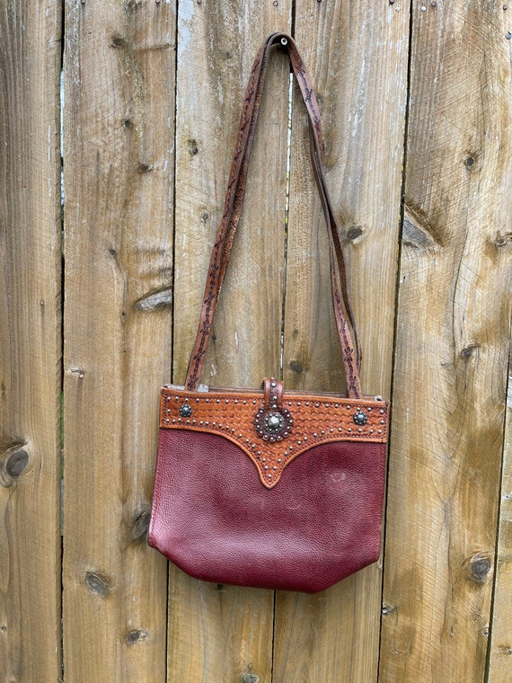 Vintage tooled leather handbag. leather including… - image 2