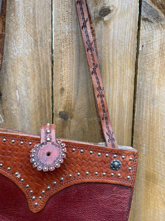 Vintage tooled leather handbag. leather including… - image 5