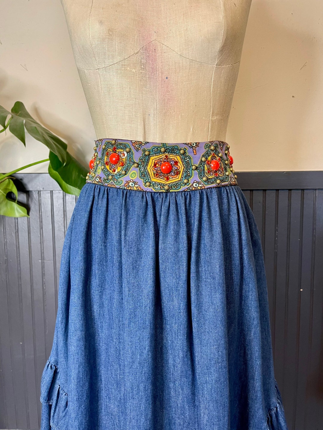 Boho style raw hem denim skirt