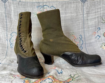 Antique 1900s Victorian button boots. 2 tone, fabric and leather with (Louis) French heel. Rochester brand. unknown size see measurements.