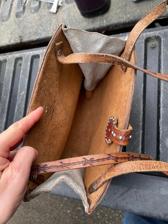 Vintage tooled leather handbag. leather including… - image 8