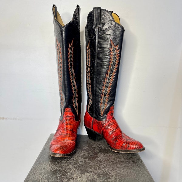 Panhandle Slim cowboy boots, made in USA size Women’s 4B red lizard look leather lowers, black and red contrast stitching uppers,