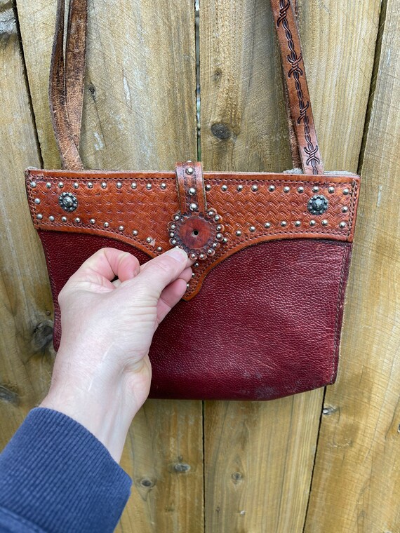 Vintage tooled leather handbag. leather including… - image 6