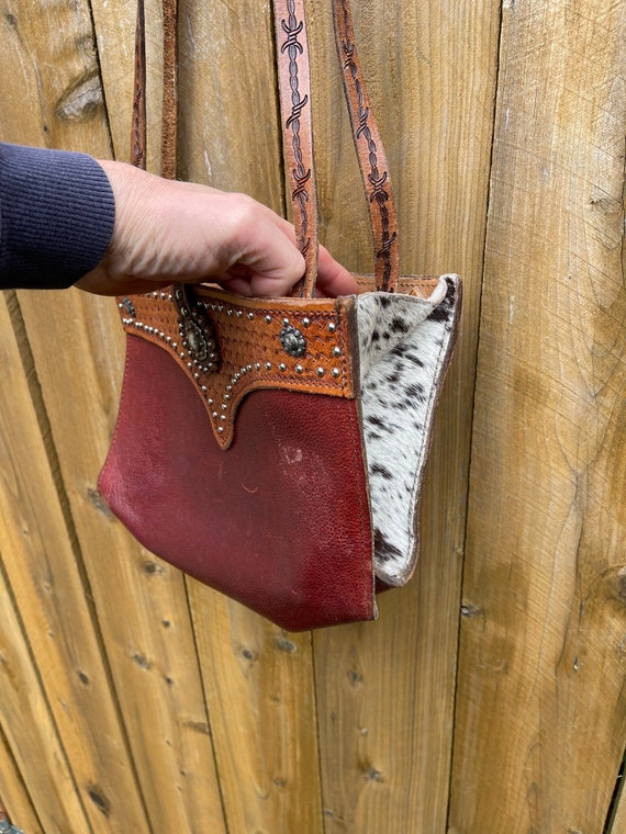 Vintage tooled leather handbag. leather including… - image 4