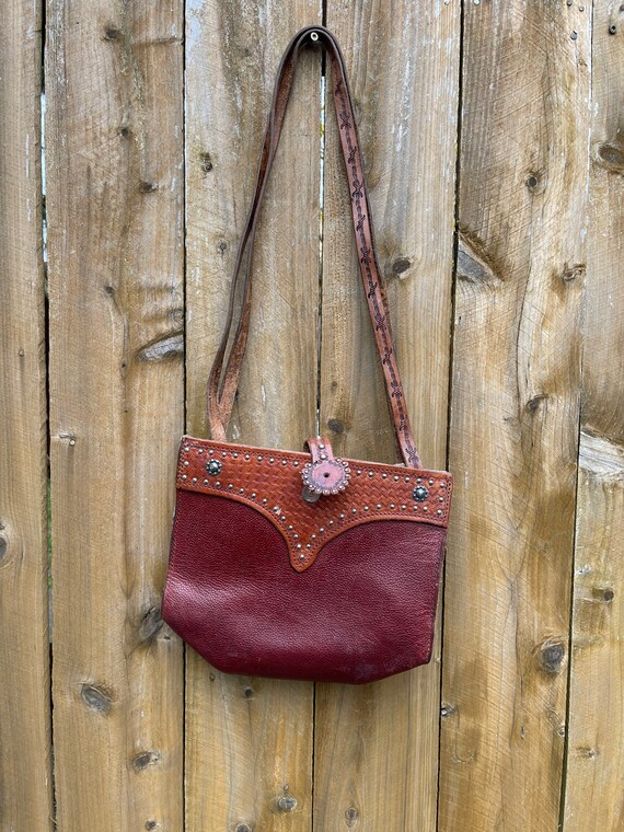 Vintage tooled leather handbag. leather including… - image 3