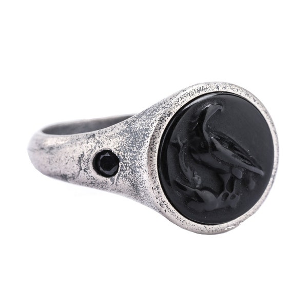 Raven Ring-Mens Black Onyx Ring-Silver Signet Ring-Black Bird SIgnet RIng-Minimalist Jewelry-Raven-Eagle-Gifts For Him-Brushed Matte Finish