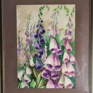 Dipinto ad acquerello vintage del 1979, arte murale viola, acquerello originale