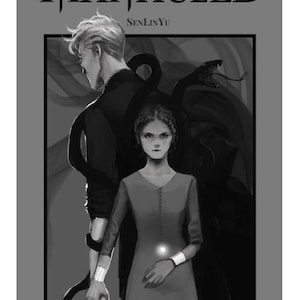 Op de afbeelding: Zwart-wit illustratie met de titel "MANACLED". Het toont een man en een vrouw, met een donkere, slangachtige vorm achter hen. De vrouw draagt een jurk en heeft een oplichtend object om haar pols. Gesigneerd "AVENDELL".