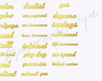 Gold font digital sticker or printable for happy planner or bullet journal monthly budget labels