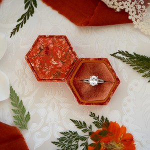 Beatrix and Luca printed fabric velvet ring box for weddings, proposals, engagements, and photography (1 slot - copper / rust floral)