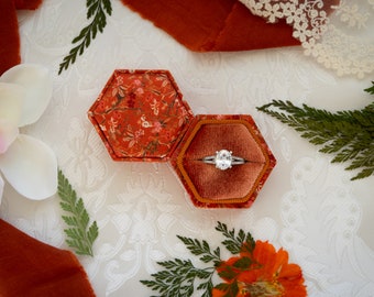 Beatrix and Luca printed fabric velvet ring box for weddings, proposals, engagements, and photography (1 slot - copper / rust floral)