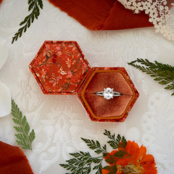 Beatrix and Luca printed fabric velvet ring box for weddings, proposals, engagements, and photography (1 slot - copper / rust floral)