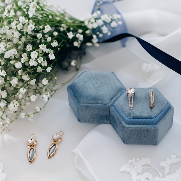 The Lux Box: Velvet Ring Box | Proposal | Wedding | Engagement | Photography | Hexagon | Powder Blue | Light Blue | Two Slot | Double