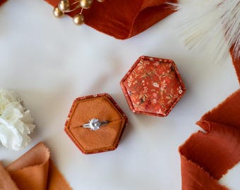 Hexagon Ring Box, Vermilion Blossom Floral Print, Terracotta Velvet Interior (1 Slot)