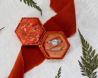 Copper Rust Floral Velvet Ring Box: 2-Slot Wedding Ring Holder