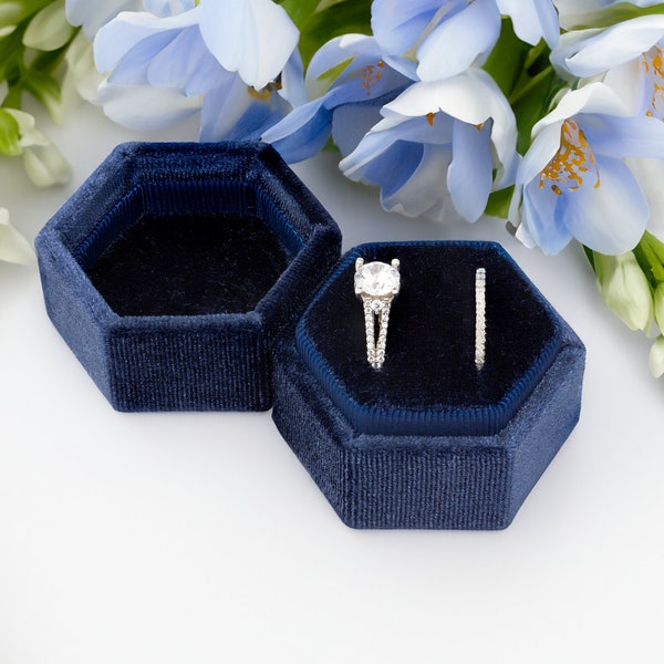 The Lux Box: Velvet Ring Box | Proposal | Wedding | Engagement | Photography | Hexagon | Dark Blue | Navy | Midnight | Two Slot | Double