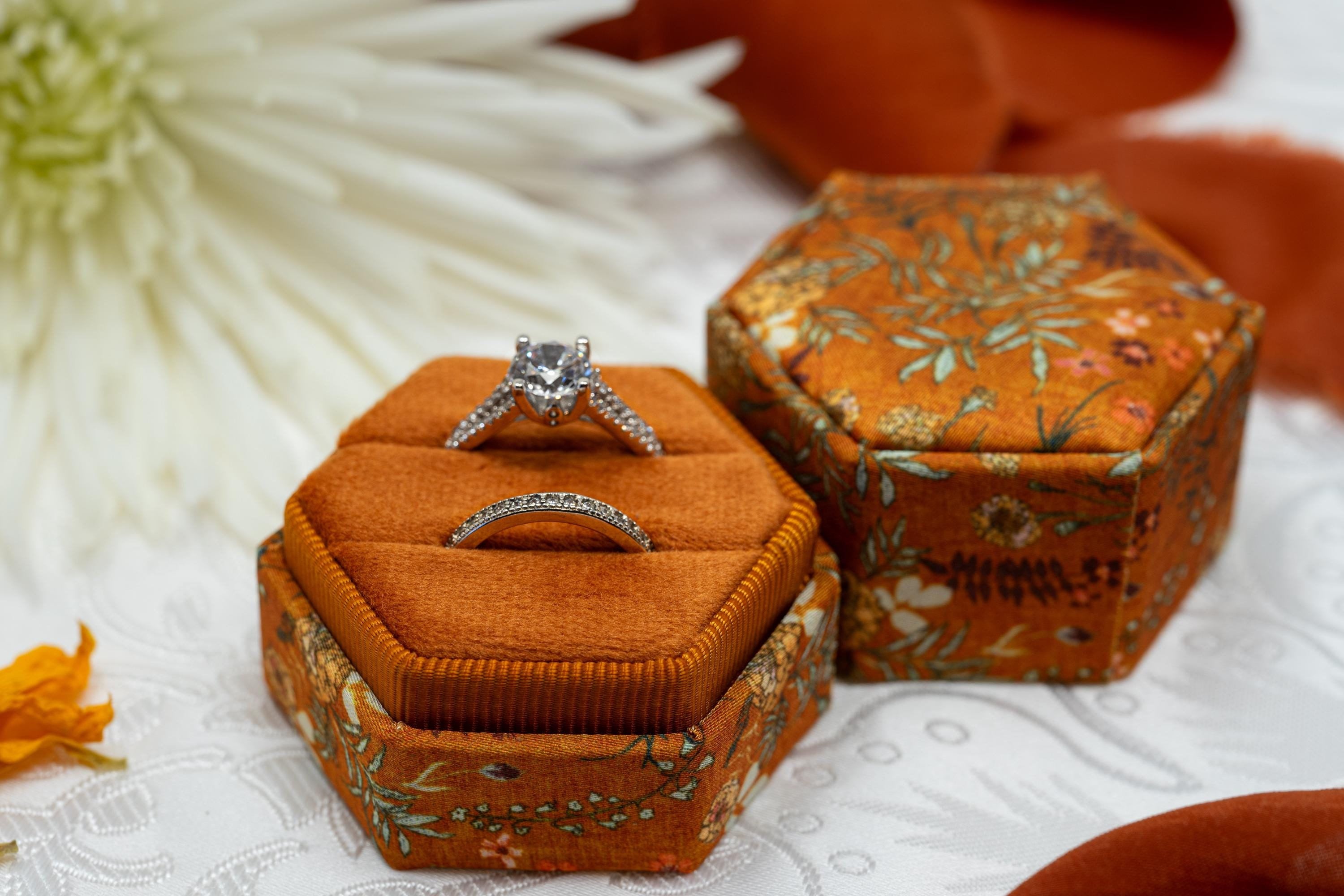 Floral Velvet Ring Box: Marigold Wedding Engagement Photography Prop - 2 slot