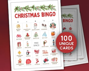 May include: A set of 100 unique Christmas Bingo cards. Each card features a 5x5 grid with images of traditional Christmas symbols like a sleigh bell, sugar plum fairy, Santa Claus, pinecone, toys, mittens, Christmas candles, mistletoe, knit hat, apple cider, present, Mrs. Claus, candy cane, nutcracker, Christmas star, penguin, bow, toy train, gingerbread house, gingerbread man, sweater, stocking, poinsettia, and Christmas cookies.