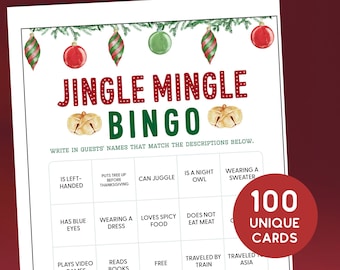 May include: A printable Christmas bingo card with a red and green watercolor design. The card has 25 squares with descriptions for each square, such as "Is left-handed", "Puts tree up before Thanksgiving", "Can juggle", "Is a night owl", "Wearing a sweater", "Has blue eyes", "Wearing a dress", "Loves spicy food", "Does not eat meat", "Plays video games", "Reads books", "Free", "Traveled by train", "Traveled by Asia", "Loves fruitcake", "Loves egg nog", "Plays guitar", "Has multiple cats", and "Has a tattoo". The card also includes the text "Jingle Mingle Bingo" and "100 Unique Cards".