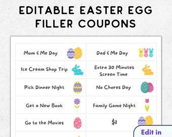 Coupons d'œufs de Pâques modifiables, carnet de coupons de Pâques, remplisseurs d'œufs pour les enfants, jetons de Pâques, chasse aux œufs de Pâques, prix des œufs de Pâques, coupons