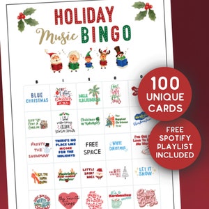 100 tarjetas de bingo con música navideña no secular, juego imprimible para niños y adultos, bingo con canciones navideñas, juego de fiesta navideña, bingo de vacaciones laborales
