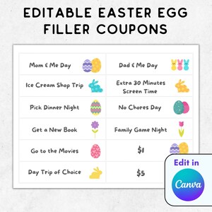 Editable Easter Egg Coupons, Easter Coupon Book, Egg Fillers for Kids, Easter Tokens, Easter Egg Hunt, Easter Egg Prizes, Coupons