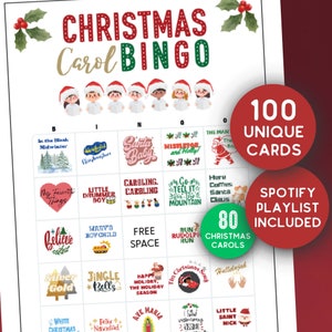 100 Weihnachtslied-Bingokarten druckbares Spiel für Kinder und Erwachsene-80 Lieder, Weihnachtslieder-Bingo, Weihnachtsfeierspiel, Arbeit-Feiertags-Bingo
