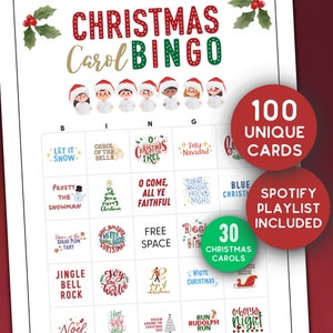 100 Weihnachtslied-Bingokarten druckbares Spiel für Kinder und Erwachsene, Weihnachtslieder-Bingo, Weihnachtsfeierspiel, Arbeits-Feiertags-Bingo