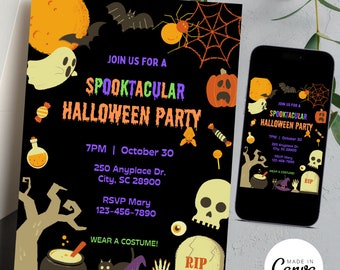 May include: A black Halloween party invitation card and a smartphone displaying the same design. The invitation features a full moon, ghost, bat, spider web, pumpkin, skull, tombstone, and cauldron with text reading JOIN US FOR A SPOOKTACULAR HALLOWEEN PARTY.