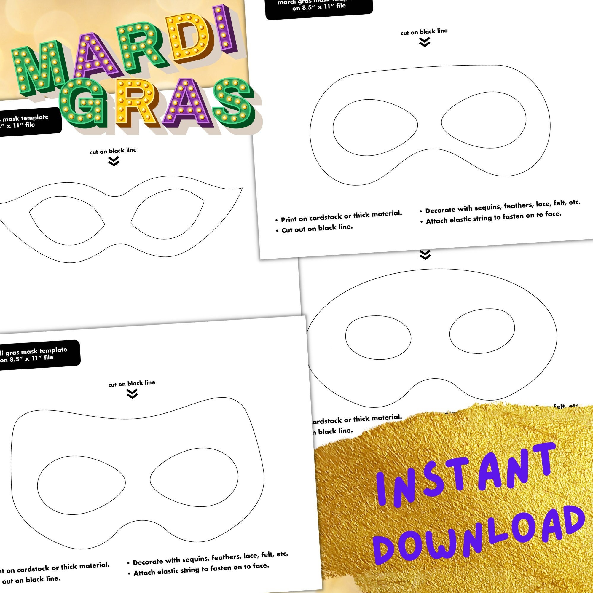 Printable Mardi Gras Mask Template / Masquerade Mask / Instant Download