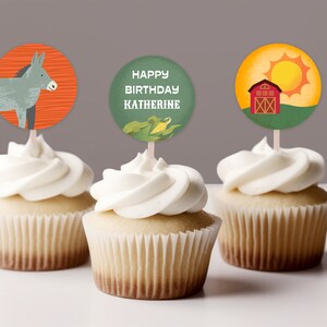 Custom Farm Birthday Cupcake Toppers, Barnyard Birthday, Farm Birthday Party, Farm Animals, Happy Birthday Cake Topper