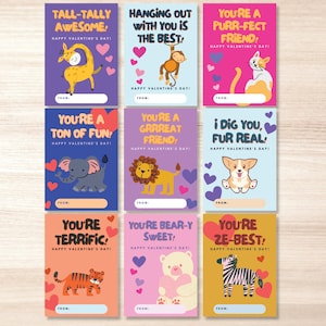 Printable Classroom Valentine&#39;s Day Cards for Kids Class, Animal Cards, Valentine&#39;s Day Gift Tags, Instant Download