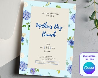May include: A light blue invitation with a floral border. The invitation is for a Mother's Day brunch on Saturday, May 16th at 2:00 pm. The event will be held at Davis House, 123 Washington Blvd., St. Louis, MO. RSVP to 123-456-7890.