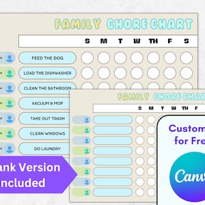 Family Chore Chart Printable Editable Template, Home Management Printables, Cleaning Schedule, Kids Chore Chart, Editable Chore Chart