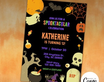 May include: A black Halloween party invitation card featuring a full moon, ghost, bat, spider web, pumpkin, skull, tombstone, and cauldron. Text reads: JOIN US FOR A SPOOKTACULAR CELEBRATION, KATHERINE IS TURNING 12, 7PM, October 30, 250 Anyplace Dr., RSVP Mary.