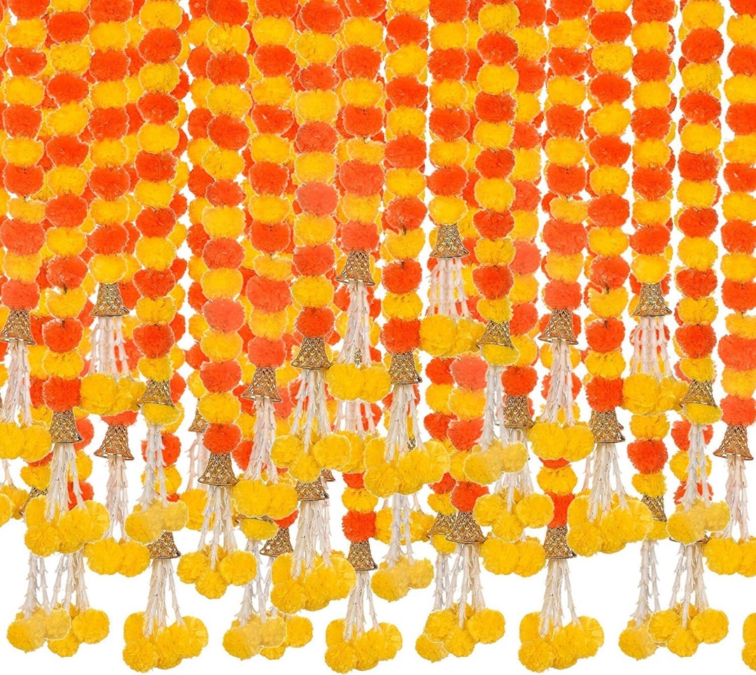 Artificial Orange Marigold Garland With Golden Bells 5 Feet Etsy