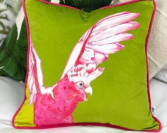 Cojín de lujo hecho a mano de terciopelo con forma de cacatúa / Decoración de aves tropicales de edición limitada / Detalle decorativo de lujo para el hogar