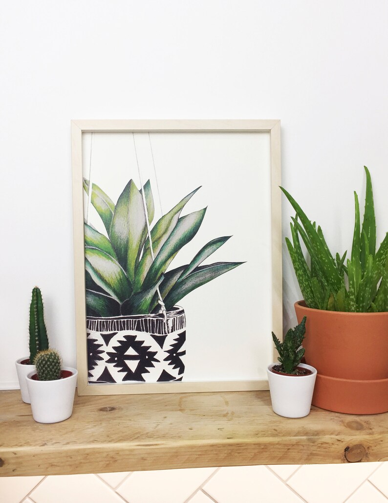 Puede incluir: Una impresi&oacute;n enmarcada de una planta verde en una maceta colgante geom&eacute;trica en blanco y negro. La impresi&oacute;n est&aacute; sobre un fondo blanco y est&aacute; enmarcada en un marco de madera claro. Hay tres peque&ntilde;as plantas en maceta en un estante de madera debajo de la impresi&oacute;n.