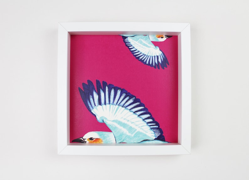 Peut inclure: Un cadre blanc avec un fond rose et deux oiseaux bleus et blancs en vol. Les oiseaux sont stylis&eacute;s et ont un aspect fantaisiste.