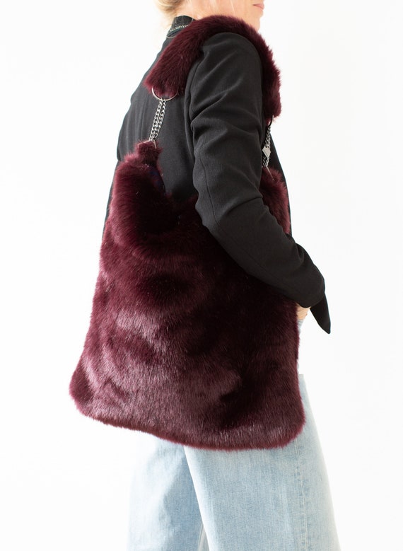 LADIES BURGUNDY HANDBAG WOMENS FAUX FUR CLUTCH BAG