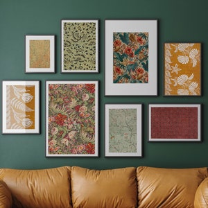 Vintage green botanical themed gallery wall set of 8 | Mixed collection flower paintings, tribal batik, tropical florals | Red ochre colours