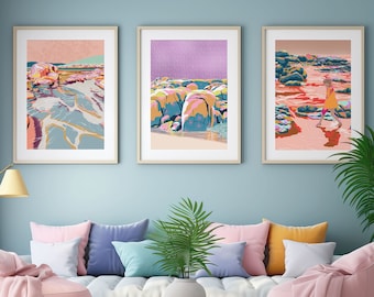 Australia beach prints, Modern coastal wall art trio, Set of three prints abstract seascape, Pastel pink teal sunset poster illustration