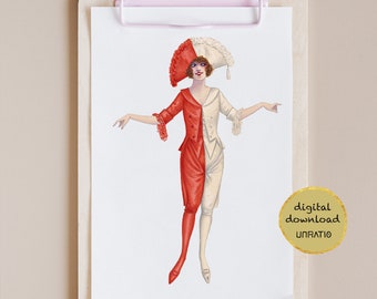 Mustard yellow vintage wall art downloadable Art deco fashion print 20s bathroom decor Flapper lady 1920s printable artwork gold picture