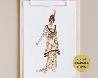 Mustard yellow vintage wall art downloadable Art deco fashion print 20s bathroom decor Flapper lady 1920s printable artwork gold picture